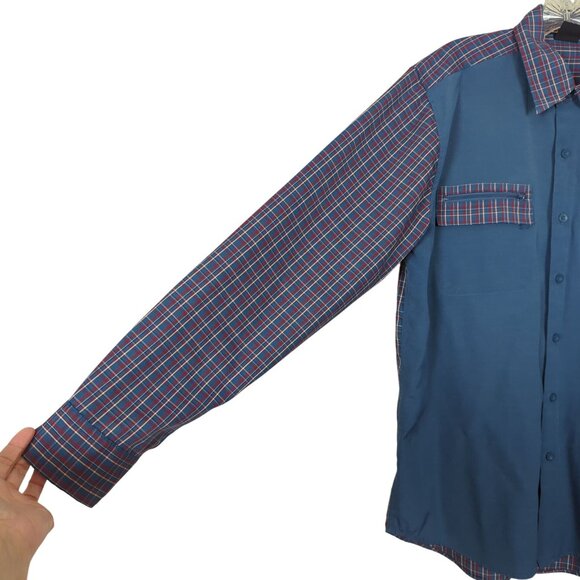 Bugle Boy Plaid Men's Vintage Blue Shirt M Patchwork Long Sleeve Retro Y2K - Picture 5 of 16